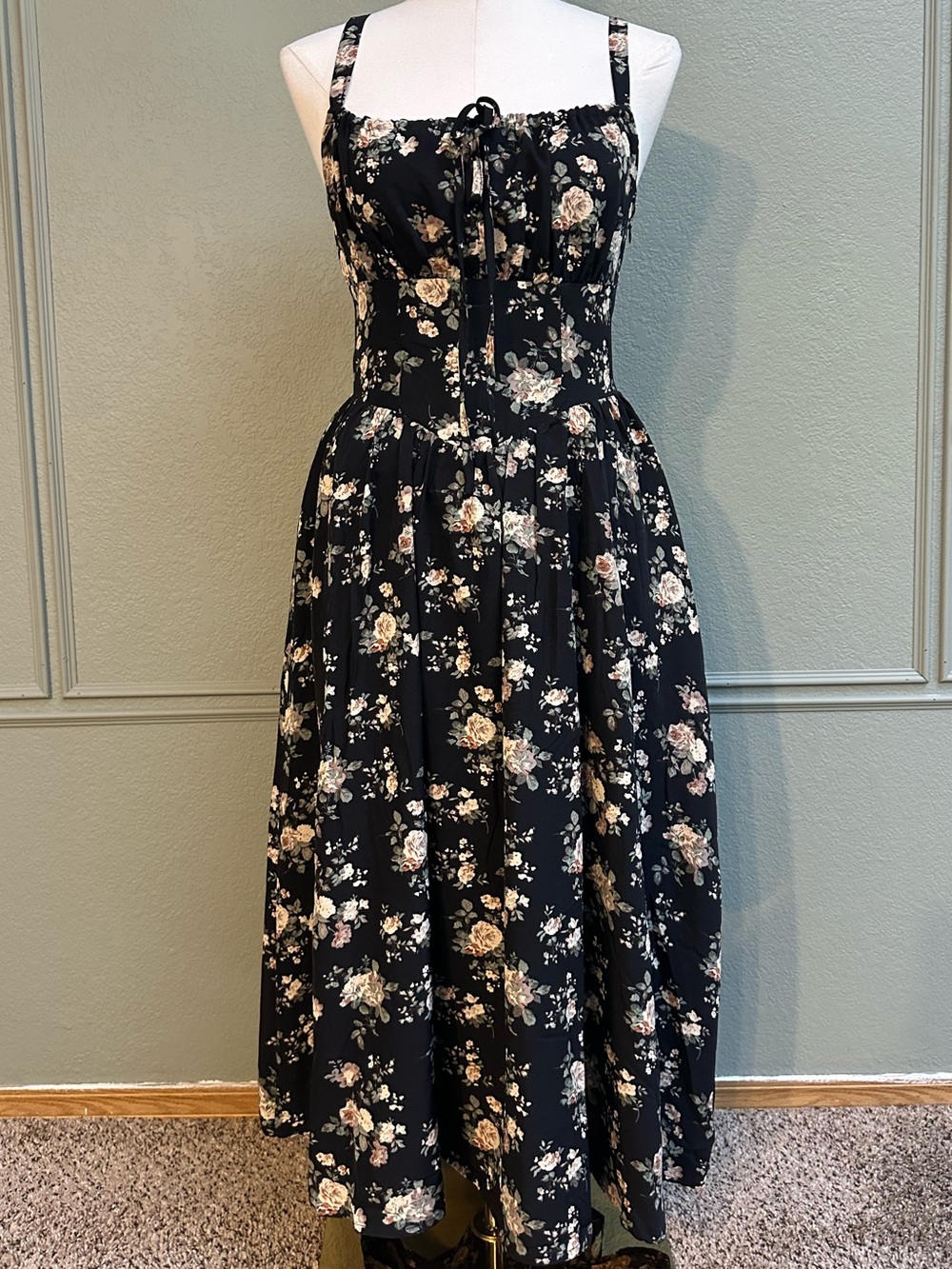 Floral Black Midi Dress with Tie Front - SMALL